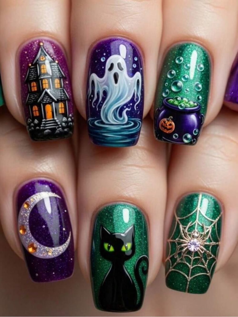 Halloween Cat & Ghost Nail Art Press-On Set - Purple & Green